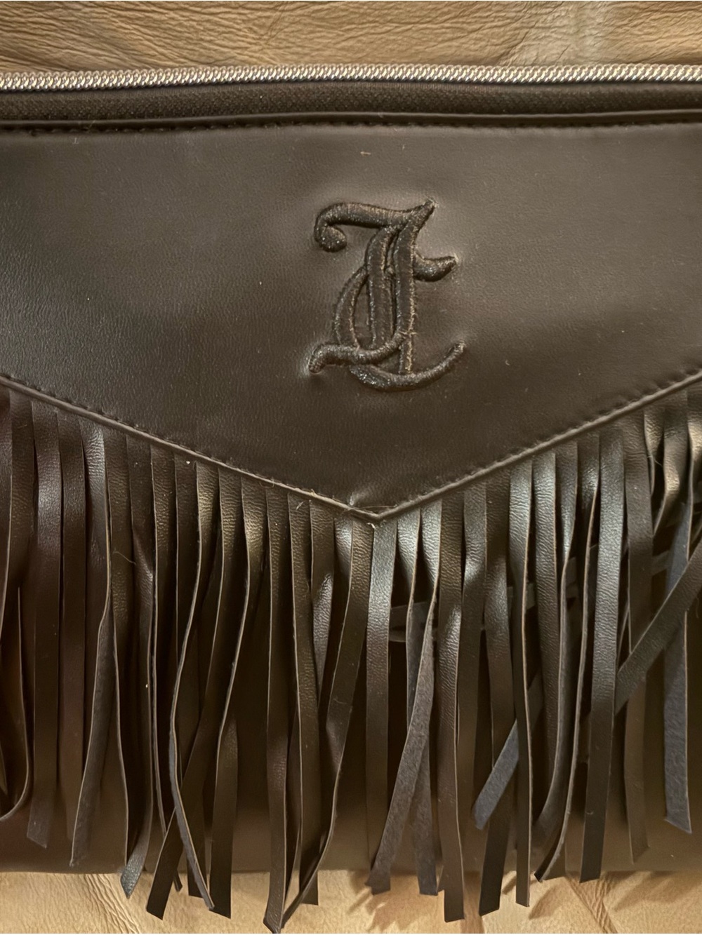 Juicy Couture Black Fringe Cosmetic Clutch with Monogram